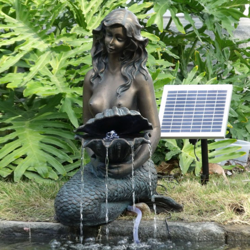 bronze mermaid with clam fountain